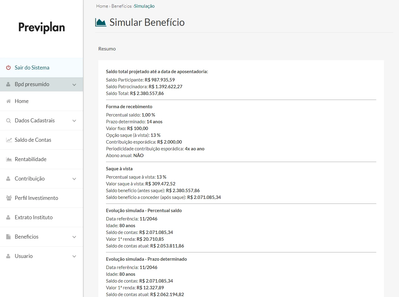 Tela de simulacao de beneficio previdenciario