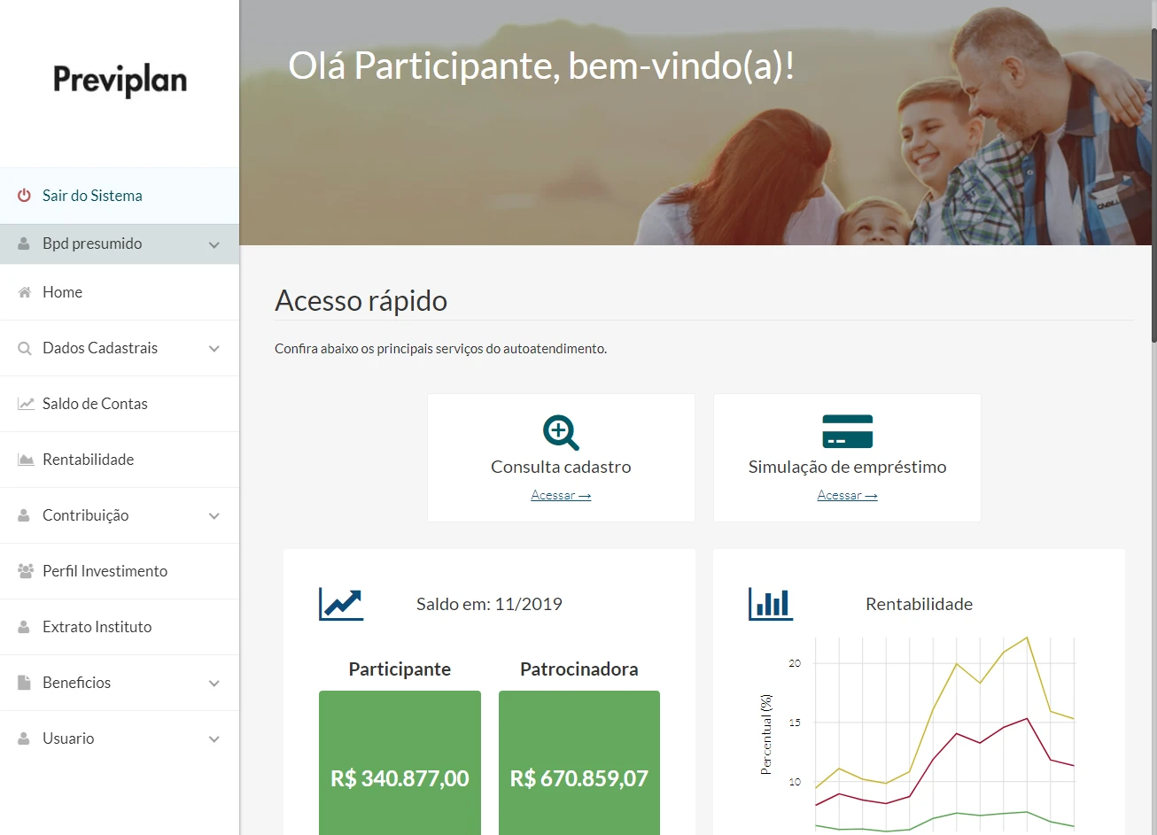 Dashboard de participante da plataforma Previplan