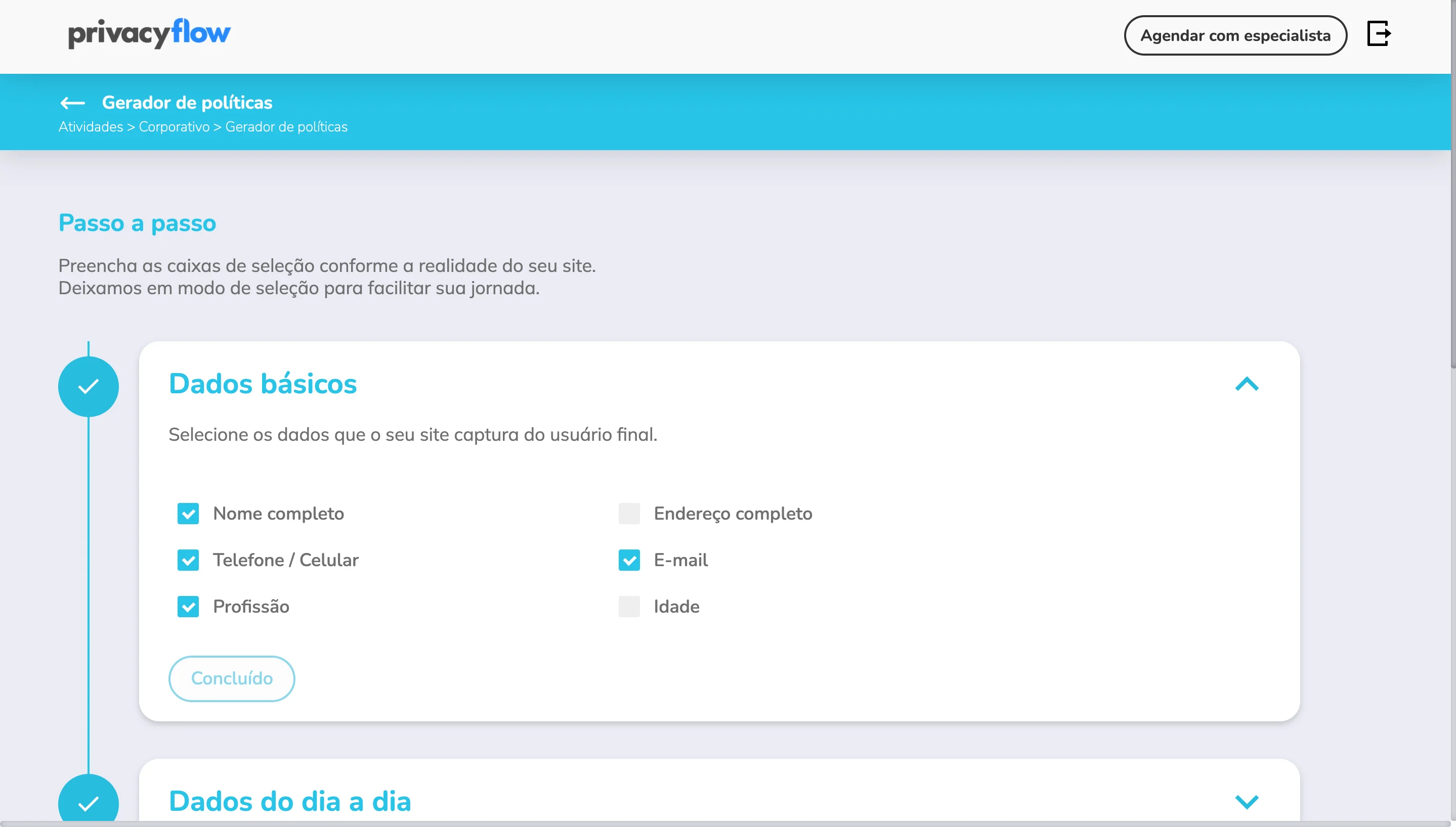 Fluxo de coleta de dados para gerar politica de privacidade