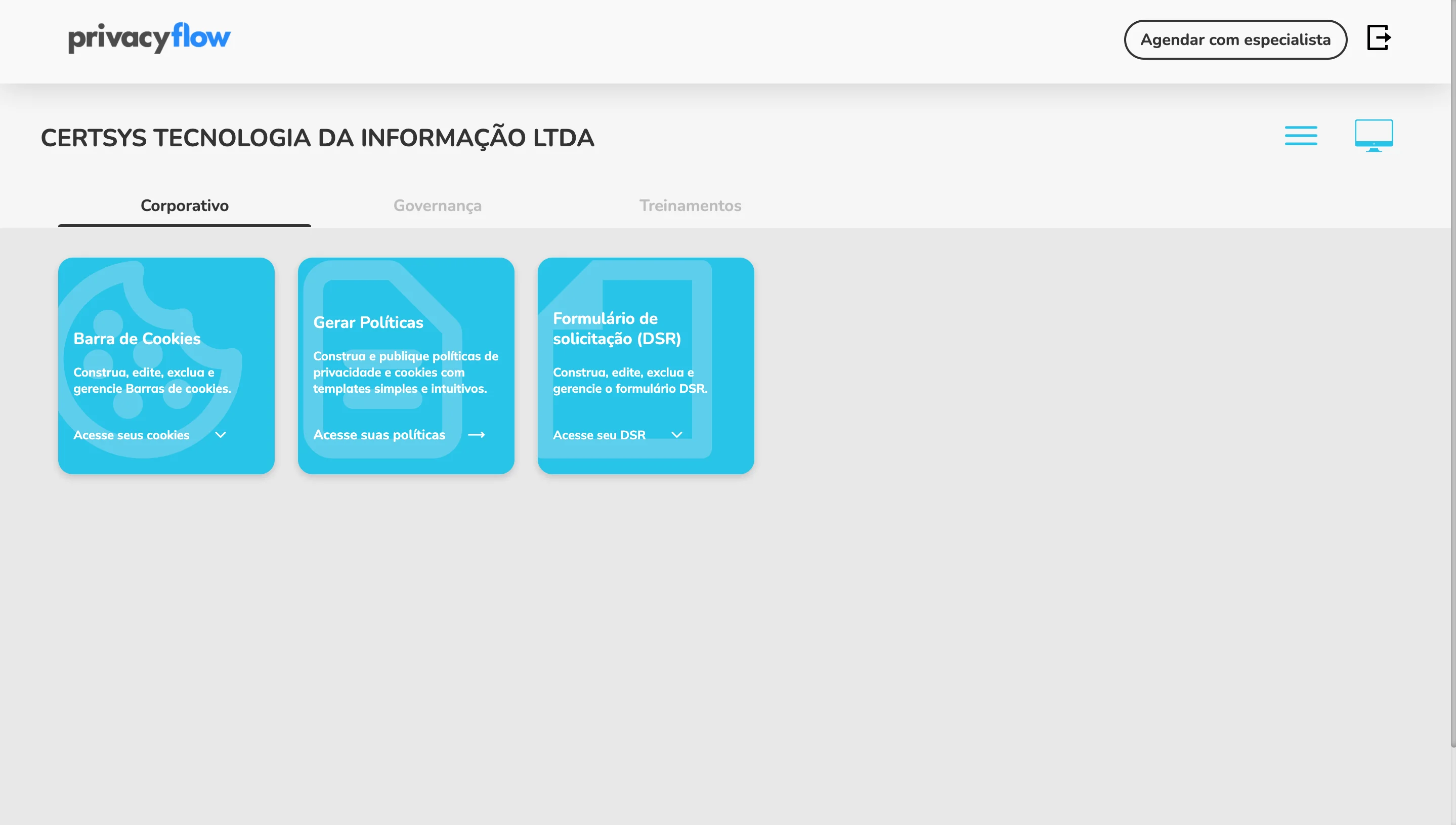 Dashboard principal da plataforma PrivacyFlow