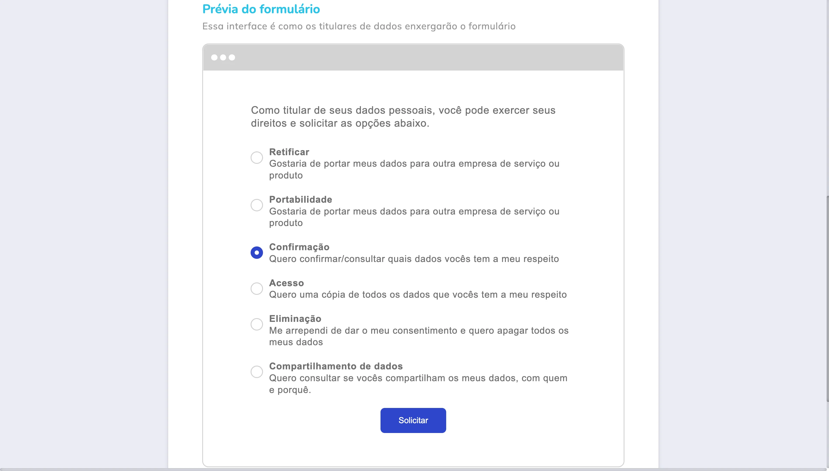 Construtor de formulario para solicitacoes de titulares