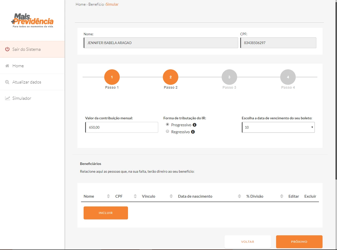 Tela de configuracao de contribuicao previdenciaria