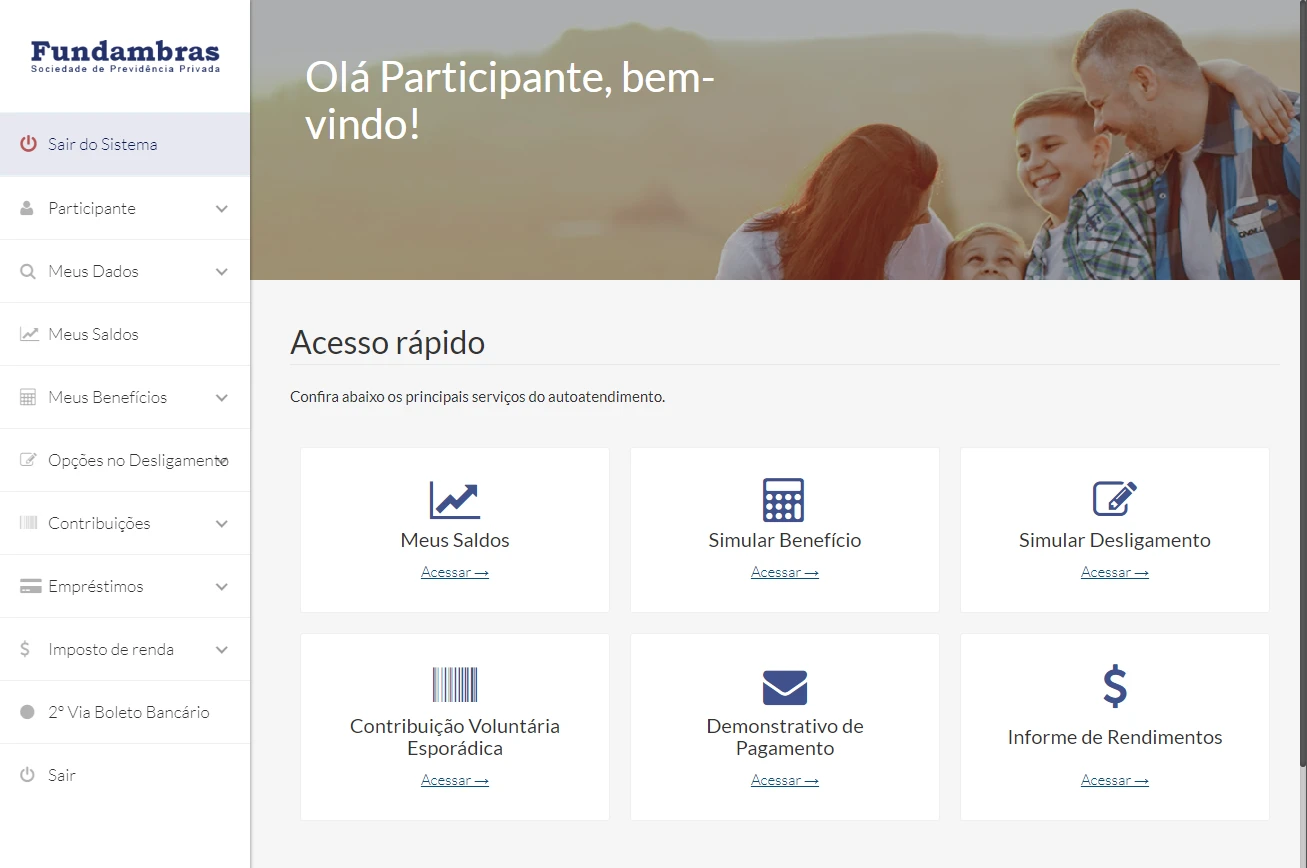 Dashboard financeiro de participante de plano de previdencia