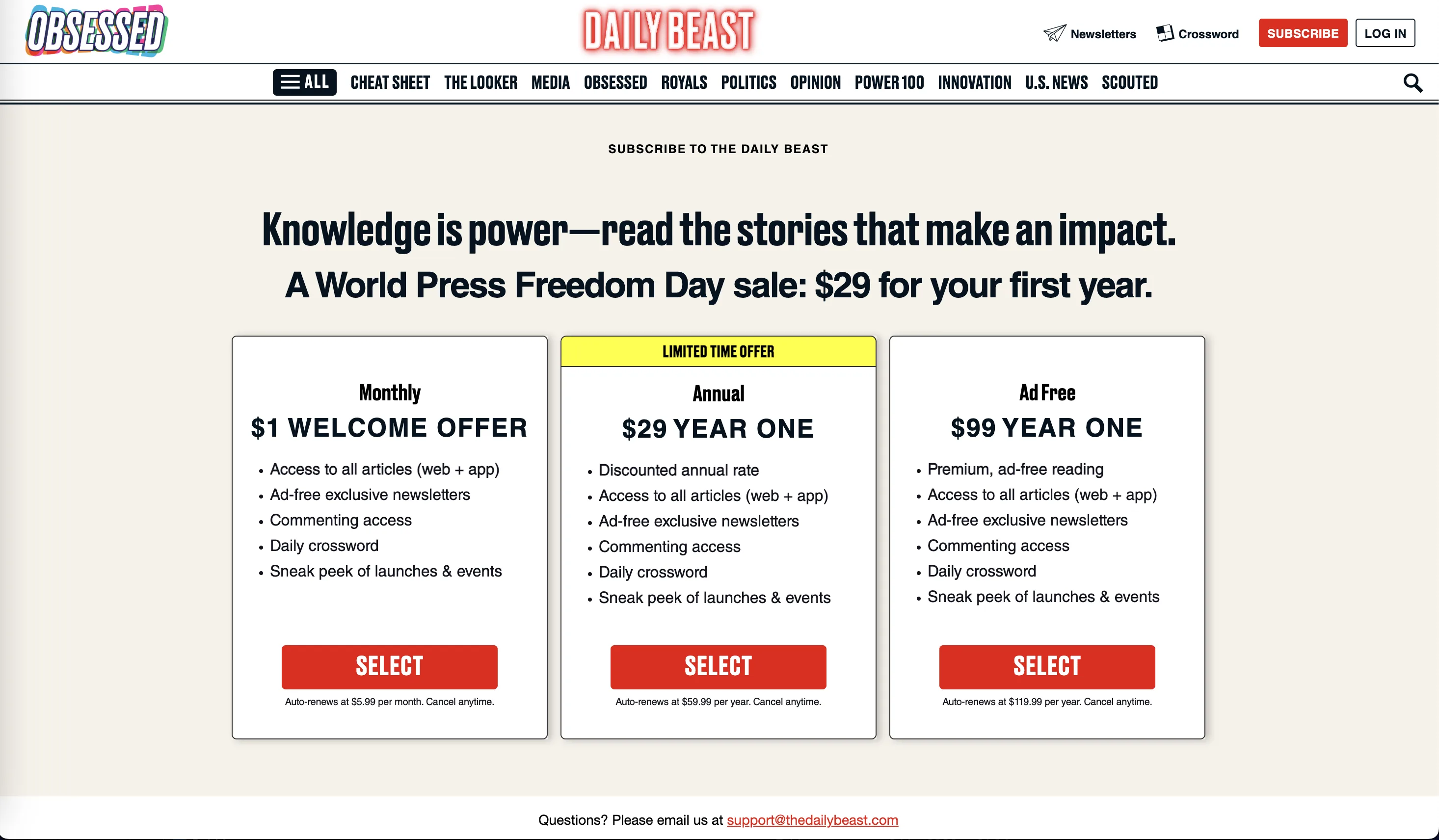 Pagina de assinatura e precos do The Daily Beast
