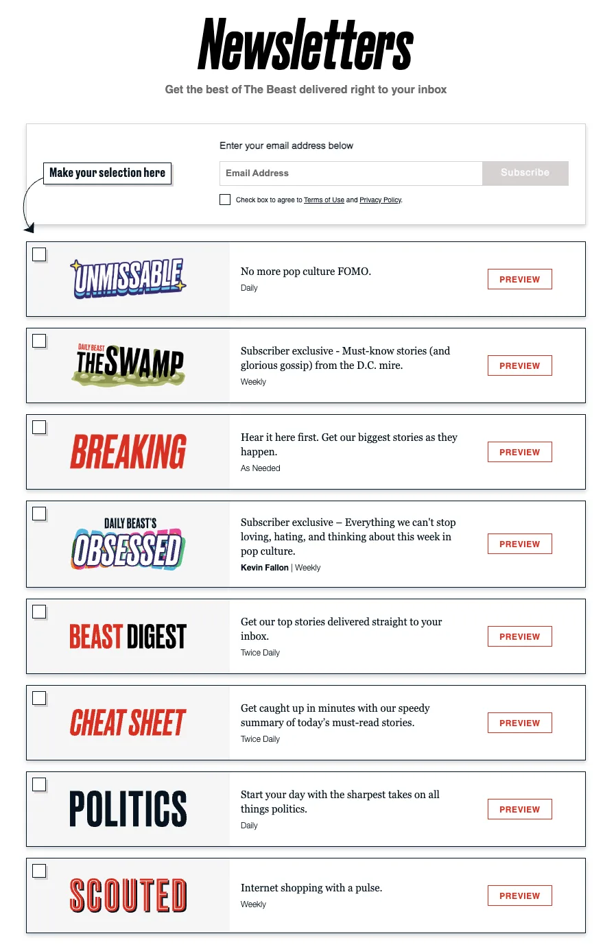 Pagina de newsletters do The Daily Beast